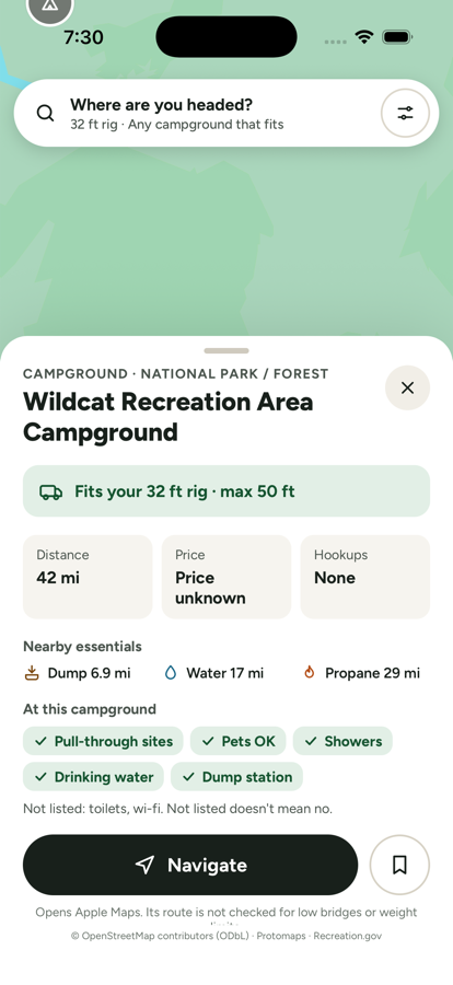 RigStop campground card showing that a campground fits a 32 ft rig, max 50 ft
